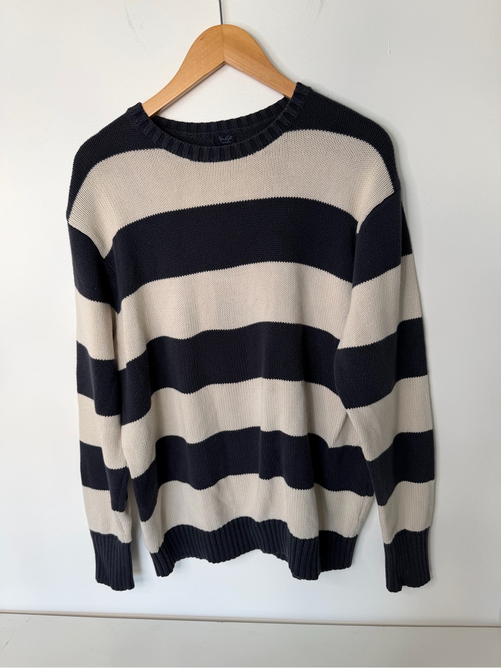 Brandy Melville Navy Cream Striped Knit Cotton Crewneck Oversized Sweater Thick
